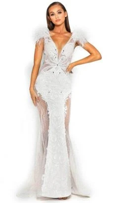 Portia And Scarlett PS1986 - Feather Ornate Paneled Prom Dress