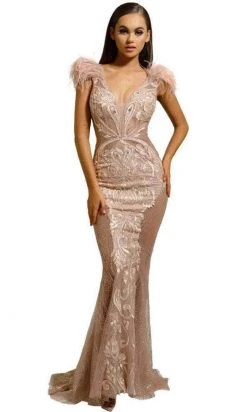 Portia And Scarlett PS1986 - Feather Ornate Paneled Prom Dress