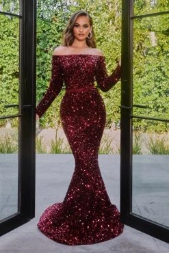 Portia And Scarlett - PS21032 Off Shoulder Long Sleeve Sequin Gown