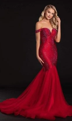 Portia And Scarlett - PS21251 Off Shoulder Glittered Trumpet Gown 18 Portia And Scarlett - PS21251 Off Shoulder Glittered Trumpet Gown