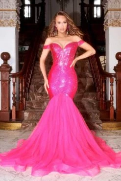 Portia And Scarlett - PS21251 Off Shoulder Glittered Trumpet Gown 23 Portia And Scarlett - PS21251 Off Shoulder Glittered Trumpet Gown