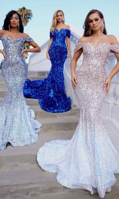 Portia And Scarlett - Ps22353 Draped Off Shoulder Sequin Gown