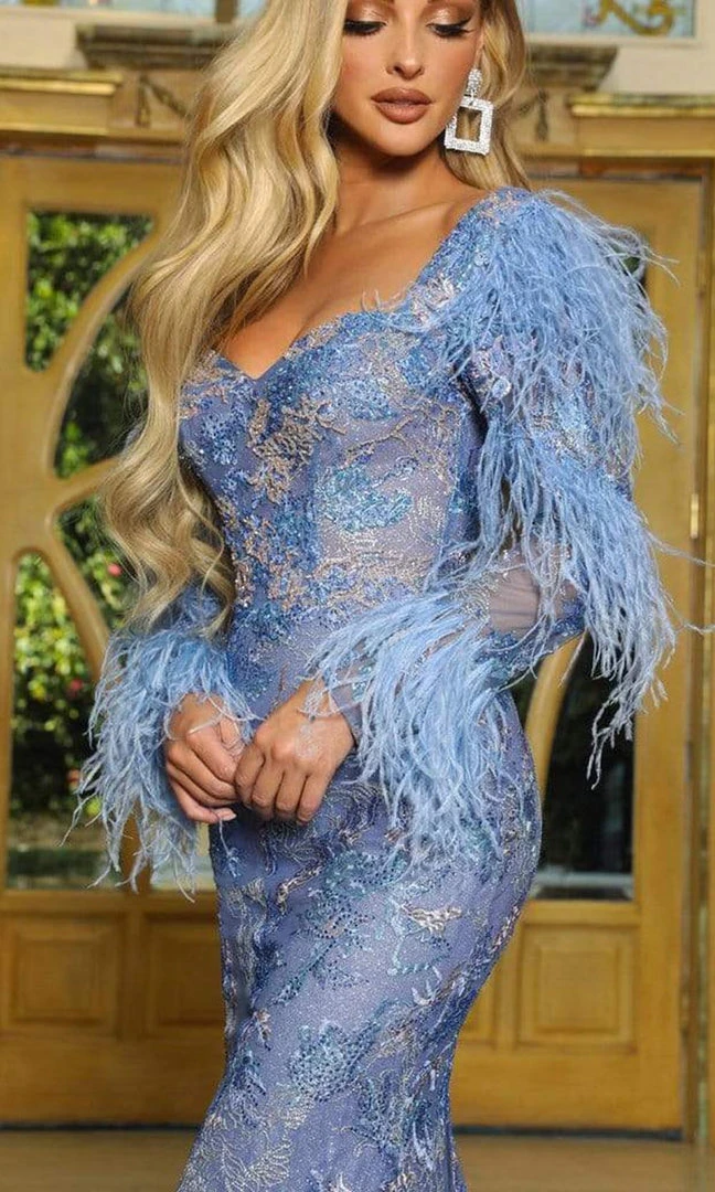 Portia And Scarlett - Ps22904 Floral Embroidered Feather Mermaid Gown 5 Portia And Scarlett - Ps22904 Floral Embroidered Feather Mermaid Gown