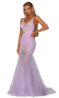 Portia And Scarlett - PS6016 Embroidered Plunging V-Neck Trumpet Dress