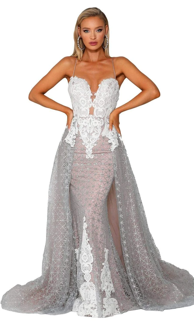 Portia And Scarlett - PS6022 Lace-Up Open Back Glitter Overskirt Gown 3 Portia And Scarlett - PS6022 Lace-Up Open Back Glitter Overskirt Gown