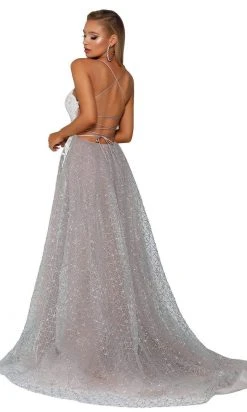 Portia And Scarlett - PS6022 Lace-Up Open Back Glitter Overskirt Gown