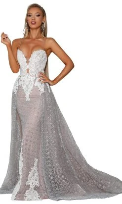 Portia And Scarlett - PS6022 Lace-Up Open Back Glitter Overskirt Gown 11 Portia And Scarlett - PS6022 Lace-Up Open Back Glitter Overskirt Gown