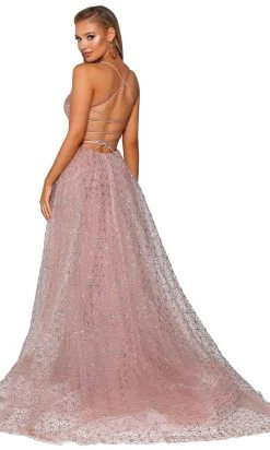 Portia And Scarlett - PS6022 Lace-Up Open Back Glitter Overskirt Gown 13 Portia And Scarlett - PS6022 Lace-Up Open Back Glitter Overskirt Gown