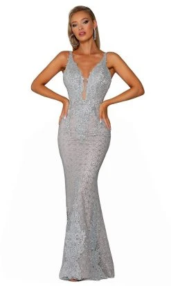 Portia And Scarlett - PS6027 Illusion Plunging Neck Glitter Mesh Gown