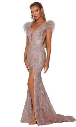 Portia And Scarlett - PS6072 V Neck Glitter Lace Feather Accent Gown 15 Portia And Scarlett - PS6072 V Neck Glitter Lace Feather Accent Gown