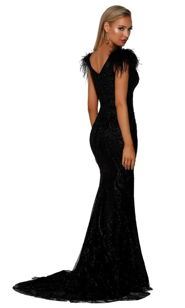 Portia And Scarlett - PS6072 V Neck Glitter Lace Feather Accent Gown 4 Portia And Scarlett - PS6072 V Neck Glitter Lace Feather Accent Gown