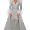 Portia And Scarlett - PS6092 Long Sleeve Feather Fringe Overskirt Gown