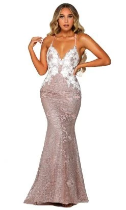 Portia And Scarlett - PS6396 Plunging Neck Fitted Lace Glitter Gown