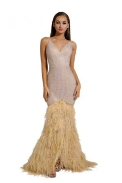 Portia And Scarlett - PS6826 V Neck Feathered Dress