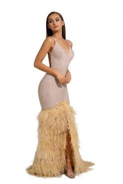 Portia And Scarlett - PS6826 V Neck Feathered Dress