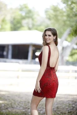 Primavera Couture - 3312 V Neck Low Square Back Beaded Cocktail Dress 32 Primavera Couture - 3312 V Neck Low Square Back Beaded Cocktail Dress