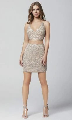 Primavera Couture - 3321 Beaded Two Piece Halter V-neck Sheath Dress
