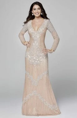 Primavera Couture - 3365 Embellished Long Sleeve V-neck Sheath Dress