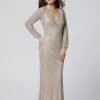 Primavera Couture - 3373 Embellished Long Sleeve Deep V-neck Dress
