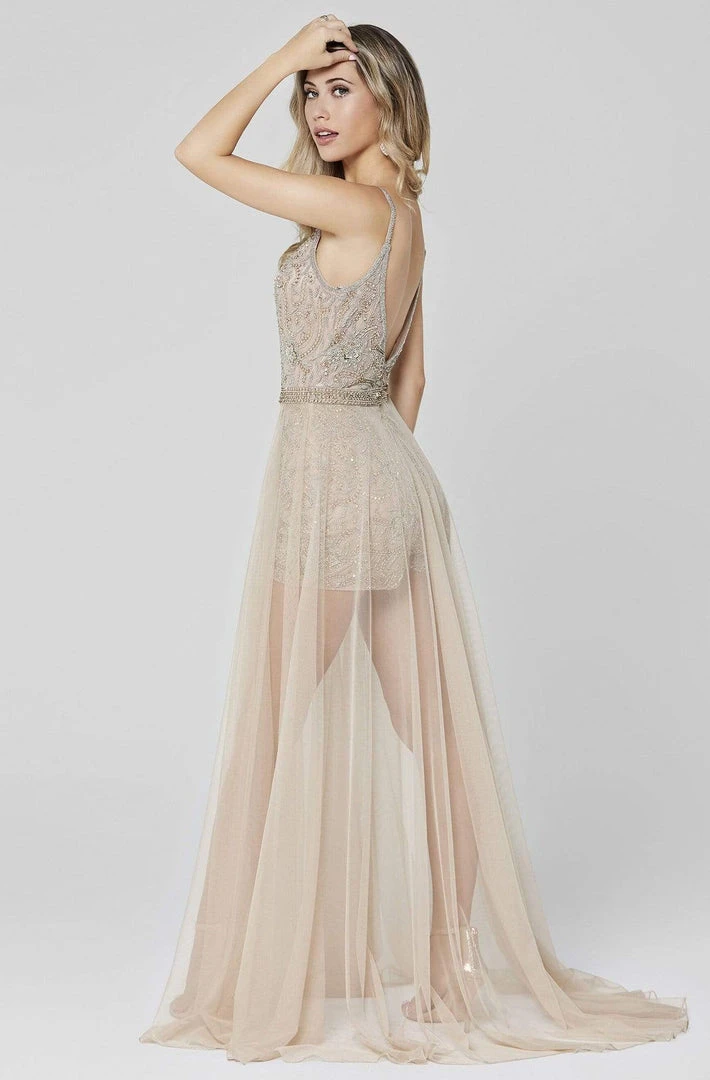 Primavera Couture - 3443 Sequined V-Neck Romper With Overskirt 4 Primavera Couture - 3443 Sequined V-Neck Romper With Overskirt