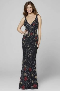 Primavera Couture - 3464 V-Neckline Sequin And Beads Sheath Dress