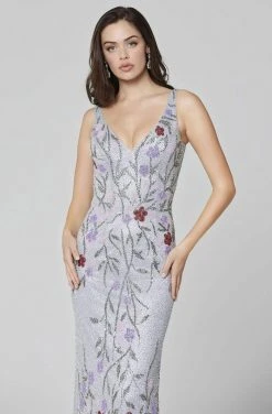 Primavera Couture - 3464 V-Neckline Sequin And Beads Sheath Dress