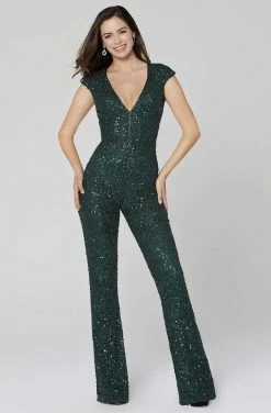 Primavera Couture - 3468 Sequined Plunging V-neck Jumpsuit