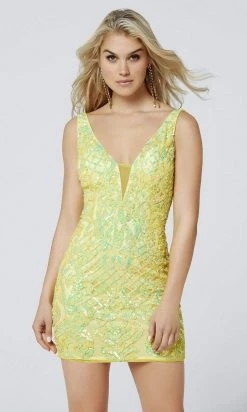 Primavera Couture - 3523 Embellished Plunging V Neck Sheath Dress