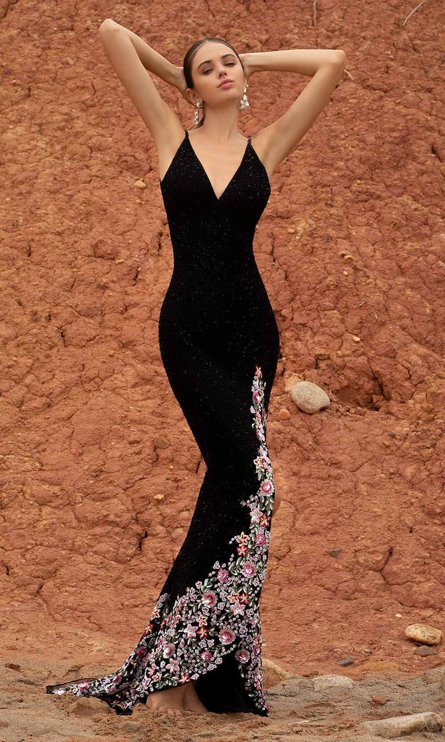 Primavera Couture - 3618 V-Neck Beaded 3D Floral Applique Hem Gown 9 Primavera Couture - 3618 V-Neck Beaded 3D Floral Applique Hem Gown