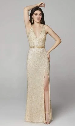 Primavera Couture - 3635 Beaded Deep V Neck Dress With Slit And Train 20 Primavera Couture - 3635 Beaded Deep V Neck Dress With Slit And Train