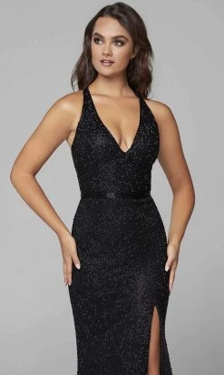 Primavera Couture - 3635 Beaded Deep V Neck Dress With Slit And Train 18 Primavera Couture - 3635 Beaded Deep V Neck Dress With Slit And Train