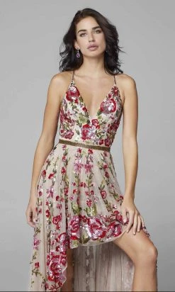 Primavera Couture - 3639 Floral Sequin A-Line High Low Dress