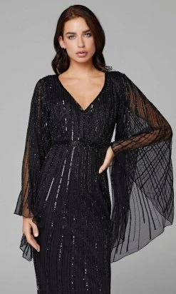 Primavera Couture - 3672 Sequined Long Bell Sleeve Sheath Dress