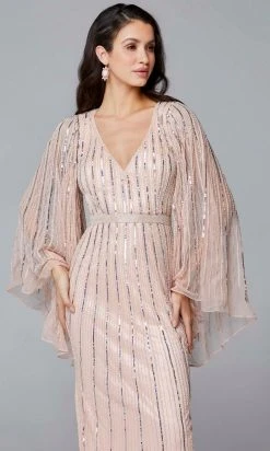 Primavera Couture - 3672 Sequined Long Bell Sleeve Sheath Dress