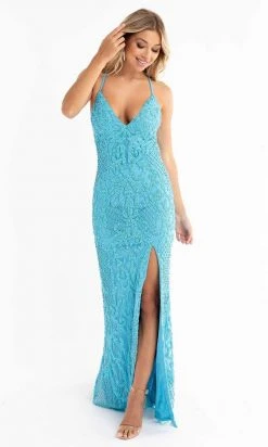 Primavera Couture - 3721 Beaded V-Neck With Slit Gown