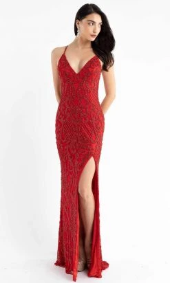 Primavera Couture - 3721 Beaded V-Neck With Slit Gown