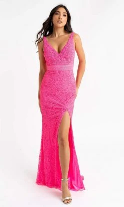 Primavera Couture - 3723 V-Neck Floral Pattern Beaded Gown