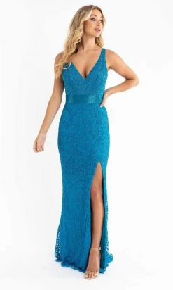 Primavera Couture - 3723 V-Neck Floral Pattern Beaded Gown