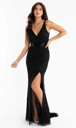 Primavera Couture - 3723 V-Neck Floral Pattern Beaded Gown