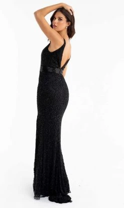 Primavera Couture - 3723 V-Neck Floral Pattern Beaded Gown