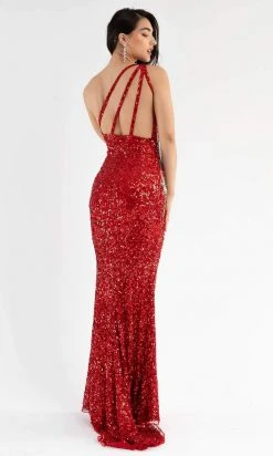 Primavera Couture - 3738 Asymmetrical Strappy Back Fully Sequined High Slit Trumpet Gown