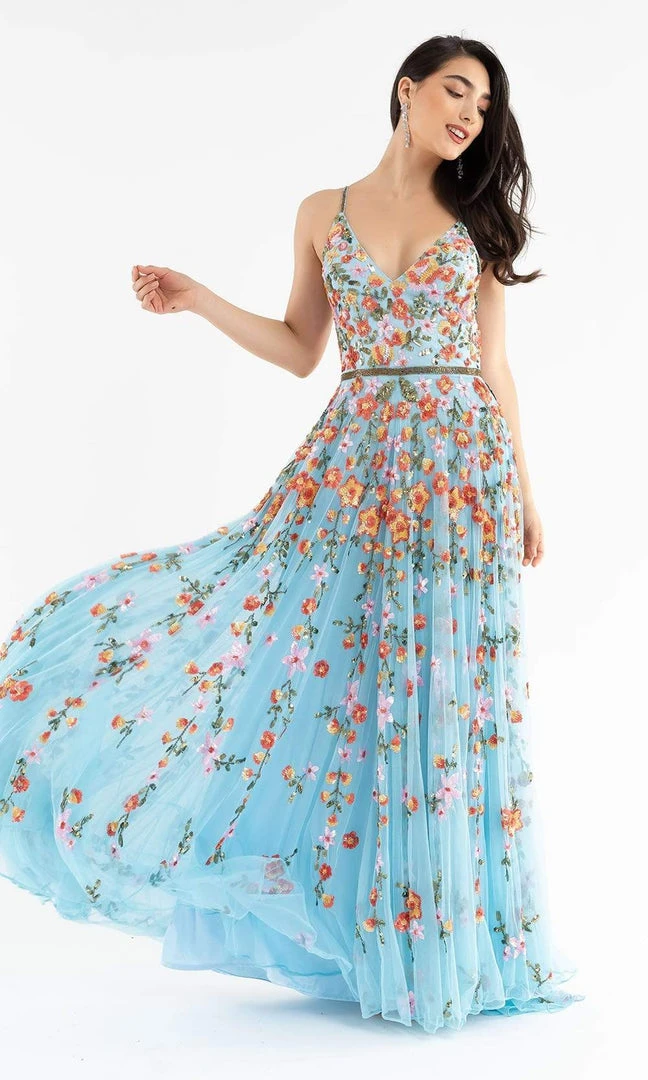 Primavera Couture - 3740 Trailing Floral Sequins Plunging V Neckline Ballgown 5 Primavera Couture - 3740 Trailing Floral Sequins Plunging V Neckline Ballgown