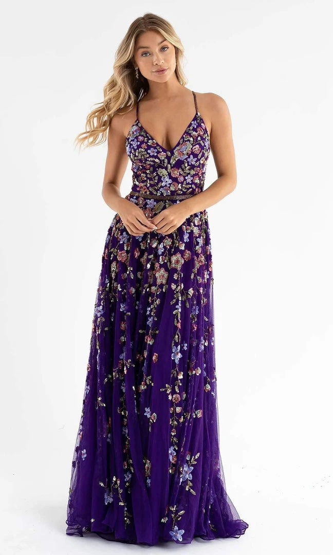 Primavera Couture - 3740 Trailing Floral Sequins Plunging V Neckline Ballgown 16 Primavera Couture - 3740 Trailing Floral Sequins Plunging V Neckline Ballgown