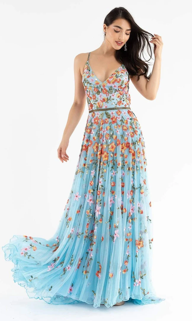 Primavera Couture - 3740 Trailing Floral Sequins Plunging V Neckline Ballgown 6 Primavera Couture - 3740 Trailing Floral Sequins Plunging V Neckline Ballgown