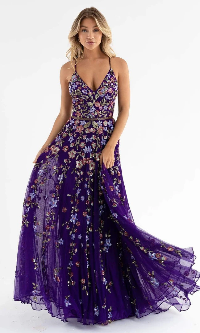 Primavera Couture - 3740 Trailing Floral Sequins Plunging V Neckline Ballgown 18 Primavera Couture - 3740 Trailing Floral Sequins Plunging V Neckline Ballgown