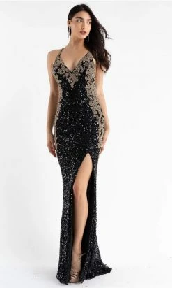 Primavera Couture - 3765 Unique Style Contrasting Sequins V Neckline Evening Gown