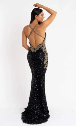 Primavera Couture - 3765 Unique Style Contrasting Sequins V Neckline Evening Gown