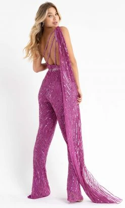 Primavera Couture - 3776 Fully Sequined One Shoulder Cape Jumpsuit Prom Dress