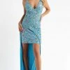 Primavera Couture - 3781 Floral Sequined Split Overlay Long Dress 1 Primavera Couture - 3781 Floral Sequined Split Overlay Long Dress
