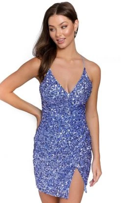 Primavera Couture 3891 - Deep V-Neck Side Slit Cocktail Dress